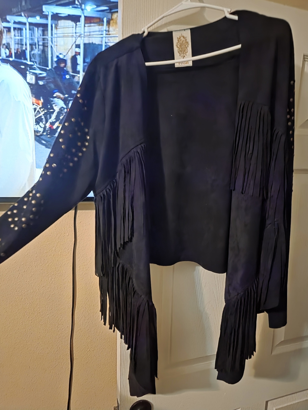 Vocal Black Fringe Open-Front Studded Jacket